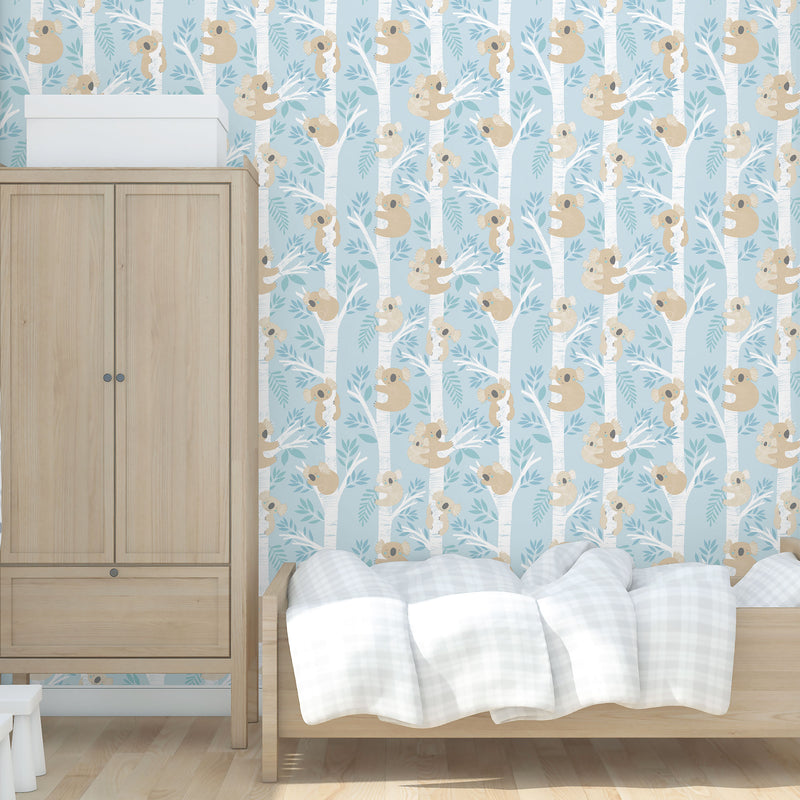media image for Koalas Light Blue/Glitter Wallpaper from the Tiny Tots 2 Collection by Galerie Wallcoverings 241