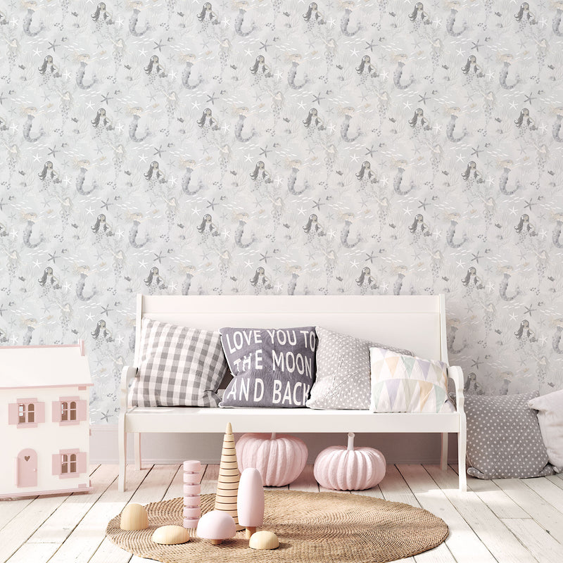 media image for Mermaids Silver/Glitter Wallpaper from the Tiny Tots 2 Collection by Galerie Wallcoverings 274