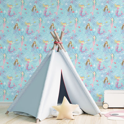product image for Mermaids Turquoise/Glitter Wallpaper from the Tiny Tots 2 Collection by Galerie Wallcoverings 38