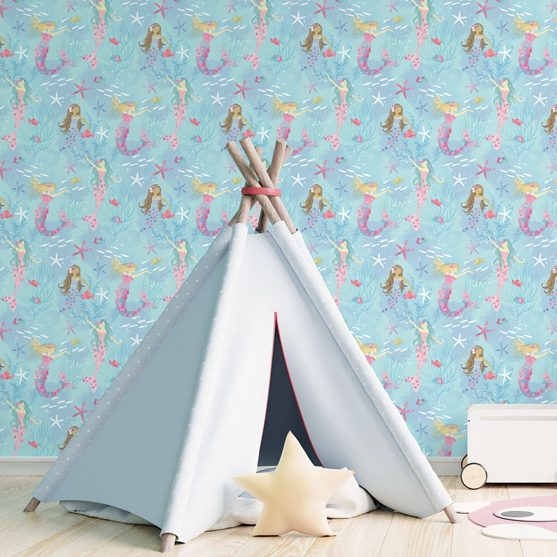 media image for Mermaids Turquoise/Glitter Wallpaper from the Tiny Tots 2 Collection by Galerie Wallcoverings 260