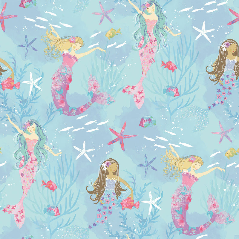 media image for Mermaids Turquoise/Glitter Wallpaper from the Tiny Tots 2 Collection by Galerie Wallcoverings 220