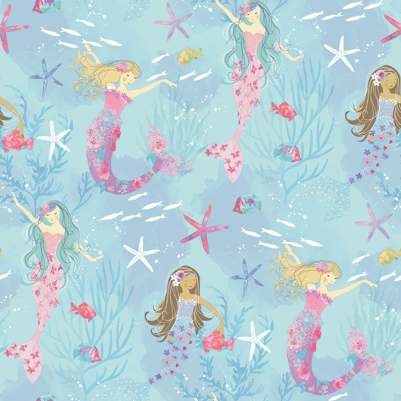 media image for Mermaids Turquoise/Glitter Wallpaper from the Tiny Tots 2 Collection by Galerie Wallcoverings 220