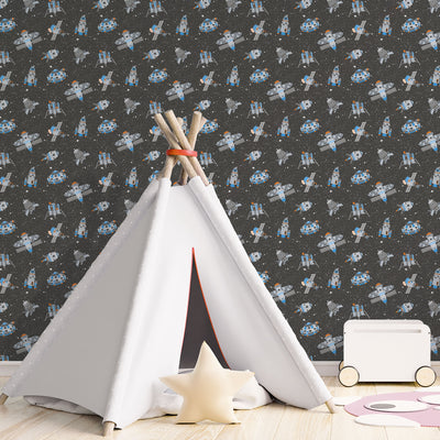 product image for Spaceships Black Multi Wallpaper from the Tiny Tots 2 Collection by Galerie Wallcoverings 88