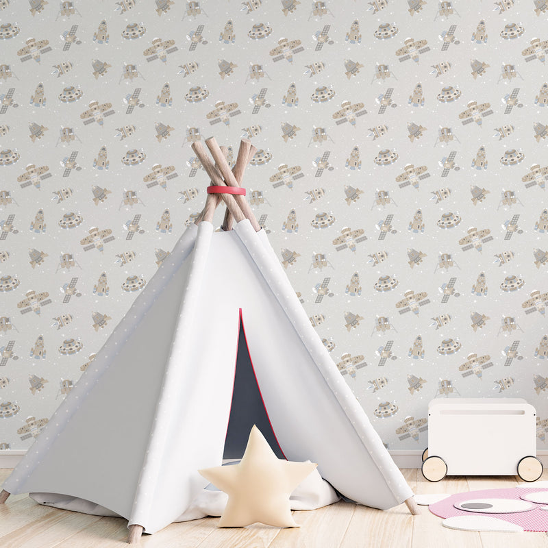 media image for Spaceships Greige/Glitter Wallpaper from the Tiny Tots 2 Collection by Galerie Wallcoverings 249