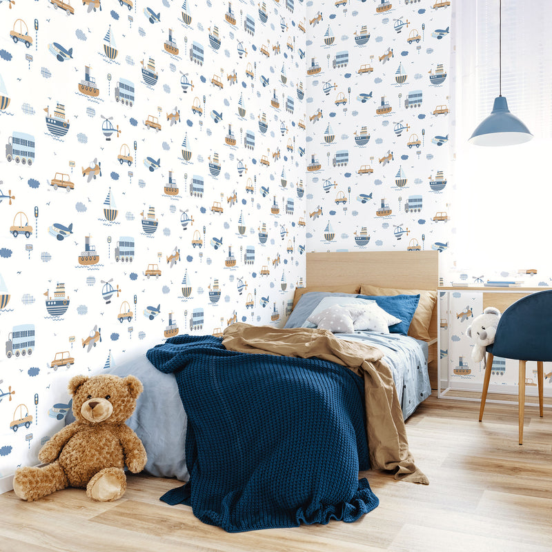 media image for Transportation Brown/Blue Wallpaper from the Tiny Tots 2 Collection by Galerie Wallcoverings 242