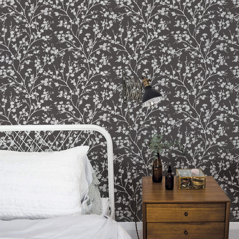 media image for Wispy Branches Black Wallpaper from the Secret Garden Collection by Galerie Wallcoverings 236