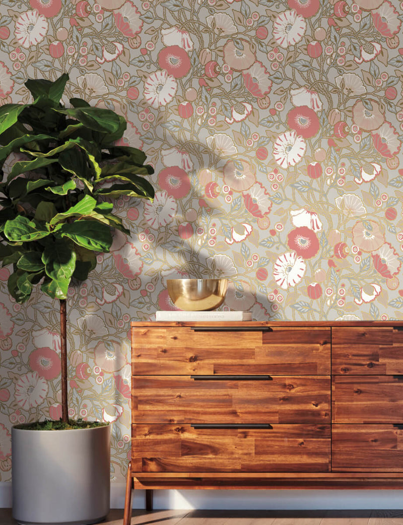 media image for Vincent Poppies Dove Wallpaper from the Greenhouse Collection by York Wallcoverings 212