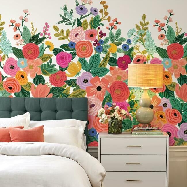 media image for Garden Party Wall Mural in Cream and Bright Pink from the Rifle Paper Co. Collection by York Wallcoverings 267