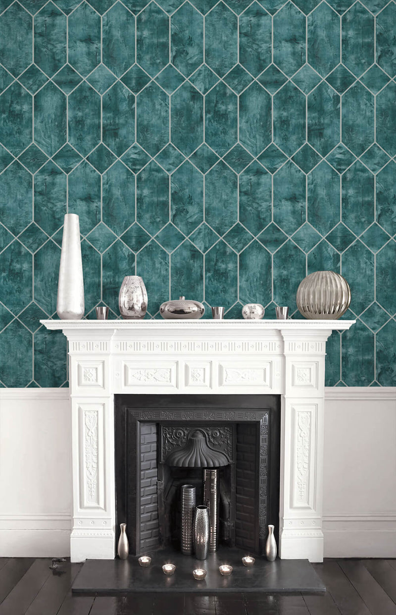 media image for Geo Faux Wallpaper in Emerald and Metallic Silver from the Living With Art Collection by Seabrook Wallcoverings 283