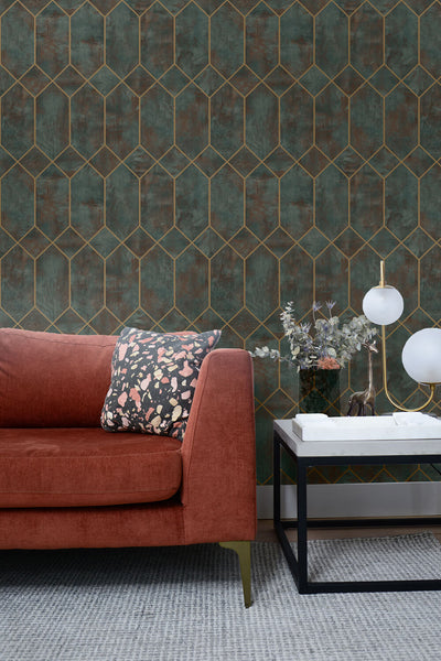 product image for Geo Faux Wallpaper in Rust, Forest Green, and Metallic Gold from the Living With Art Collection by Seabrook Wallcoverings 2