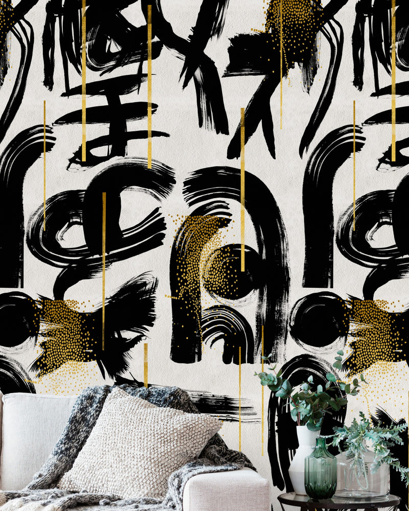 media image for Gestural Abstraction Wallpaper in White, Black, and Gold from the Wallpaper Collectables Collection by Mind the Gap 240