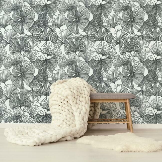 media image for Gingko Leaves Peel & Stick Wallpaper in Black and White by RoomMates for York Wallcoverings 259