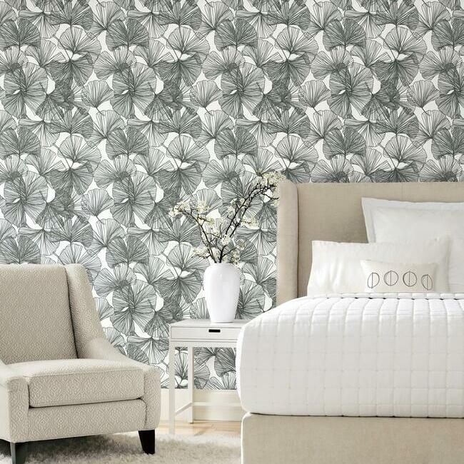 media image for Gingko Leaves Peel & Stick Wallpaper in Black and White by RoomMates for York Wallcoverings 274