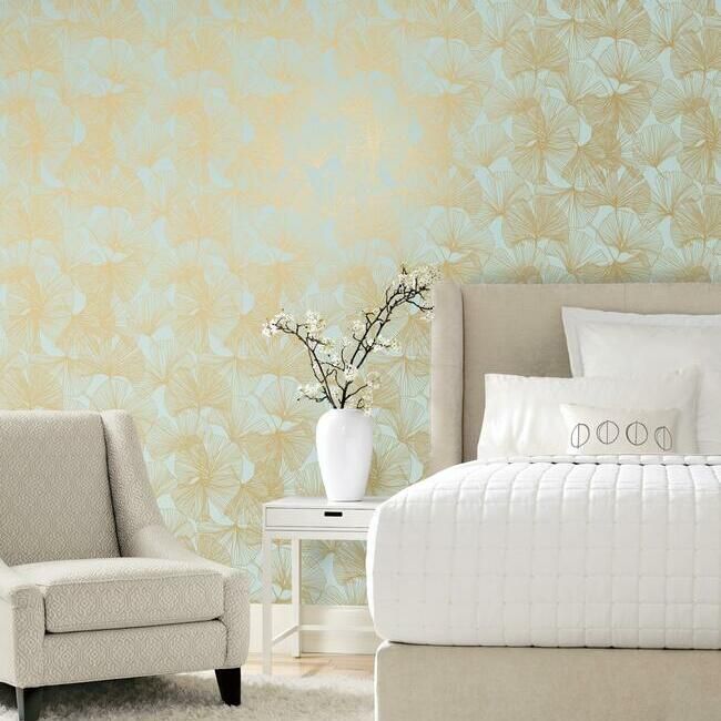 media image for Gingko Leaves Peel & Stick Wallpaper in Green and Gold by RoomMates for York Wallcoverings 257