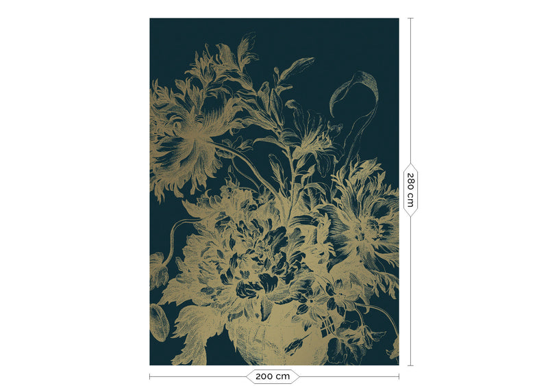media image for Gold Metallic Wall Mural in Engraved Flowers Blue by Kek Amsterdam 254