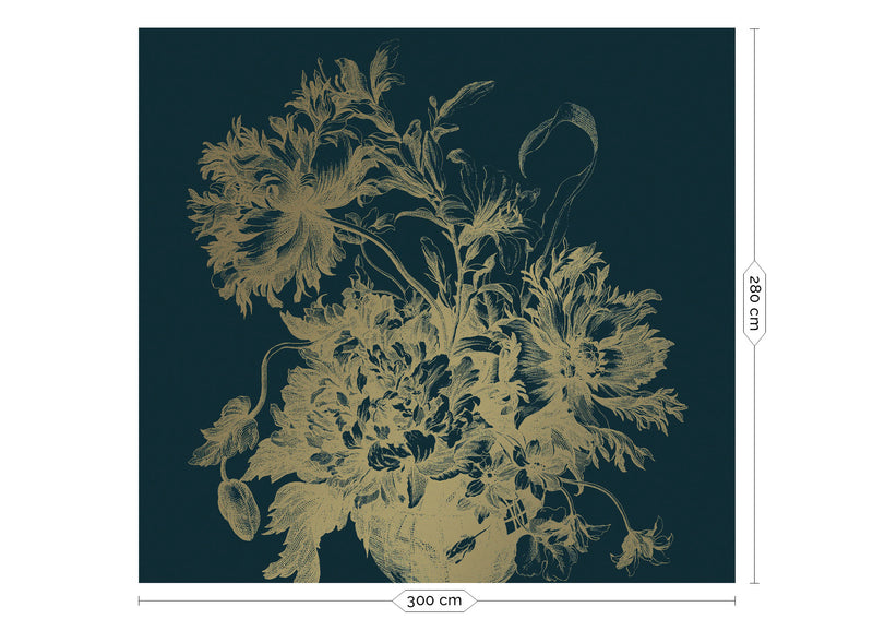 media image for Gold Metallic Wall Mural in Engraved Flowers Blue by Kek Amsterdam 272