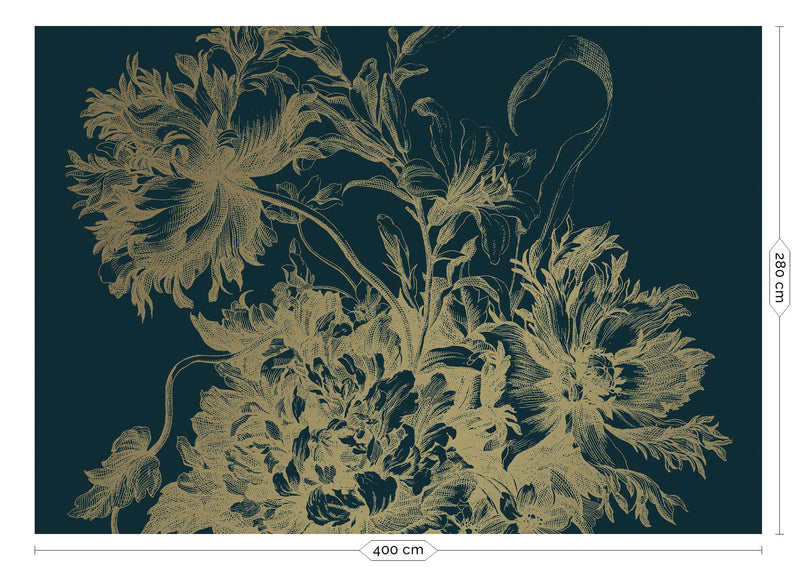 media image for Gold Metallic Wall Mural in Engraved Flowers Blue by Kek Amsterdam 24