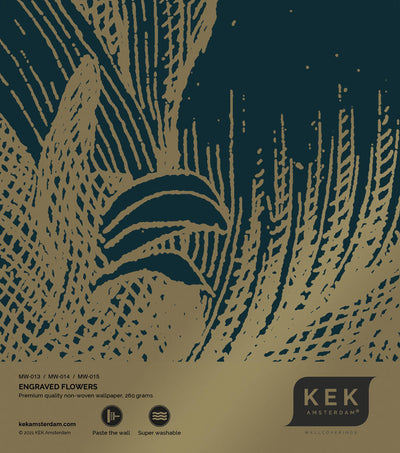product image of sample gold metallic wall mural in engraved flowers blue by kek amsterdam 1 584