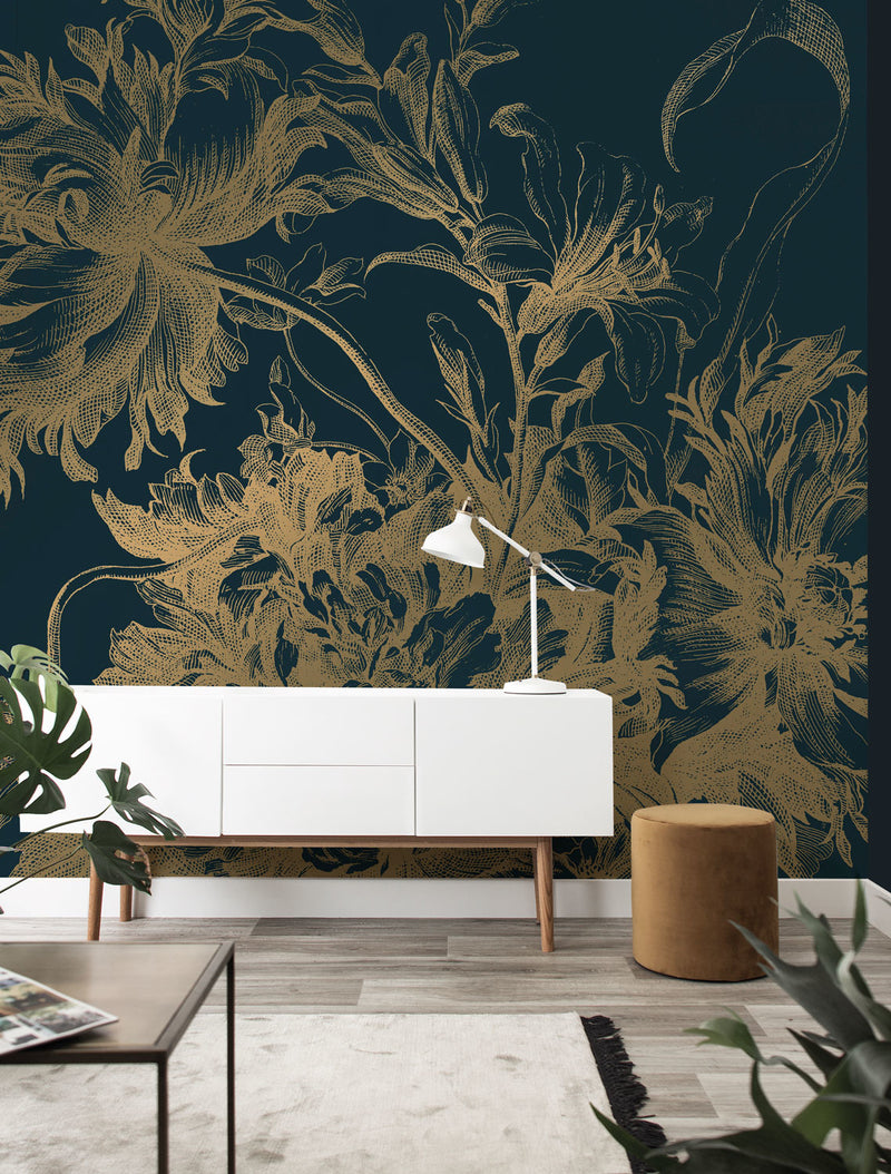 media image for Gold Metallic Wall Mural in Engraved Flowers Blue by Kek Amsterdam 275