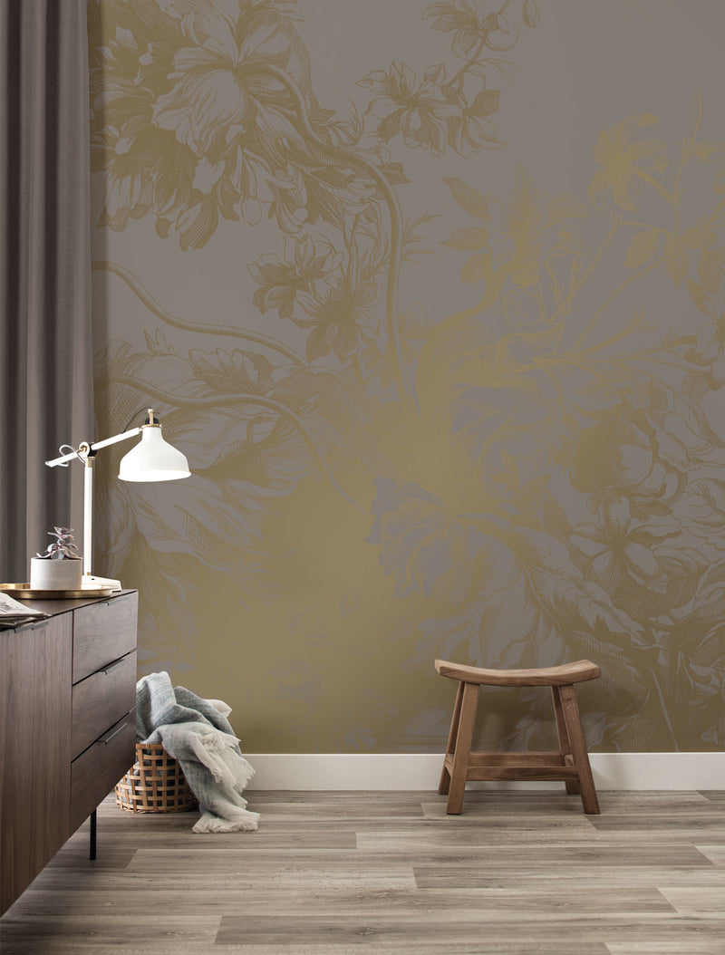 media image for Gold Metallic Wall Mural in Engraved Flowers Grey by Kek Amsterdam 255
