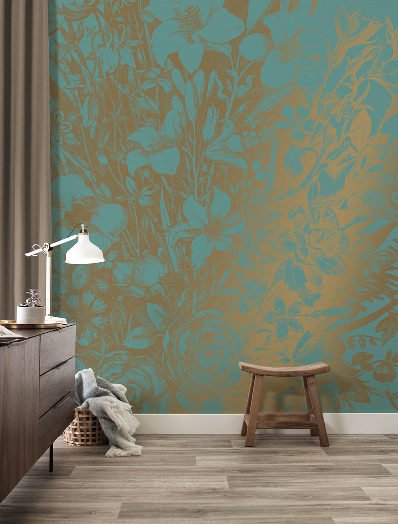 media image for Gold Metallic Wall Mural in Engraved Flowers Mint by Kek Amsterdam 28