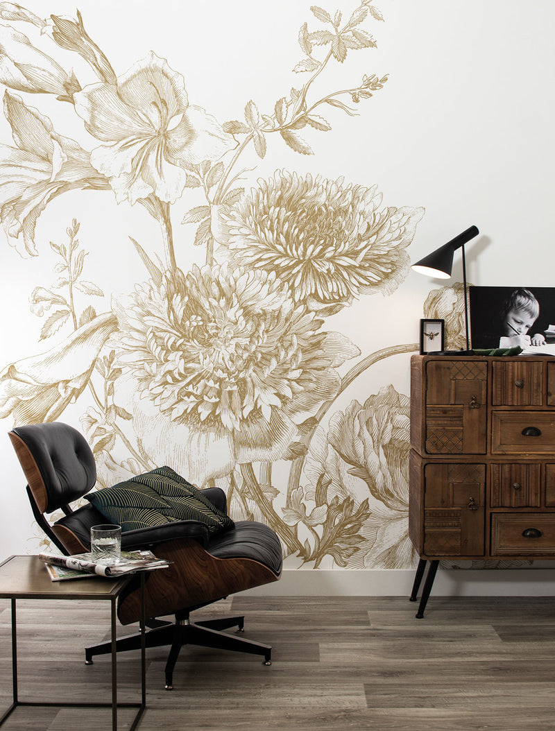 media image for Gold Metallic Wall Mural in Engraved Flowers White by Kek Amsterdam 254