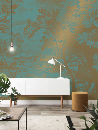 product image of Gold Metallic Wall Mural in Engraved Landscapes Mint by Kek Amsterdam 547