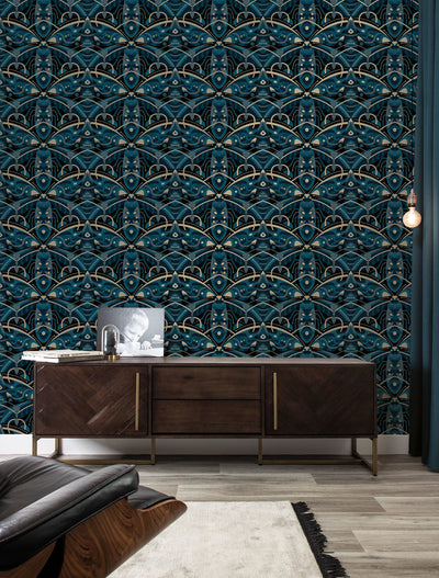 product image for Gold Metallic Wallpaper Art Deco Animaux in Beetle Blue by Kek Amsterdam 43