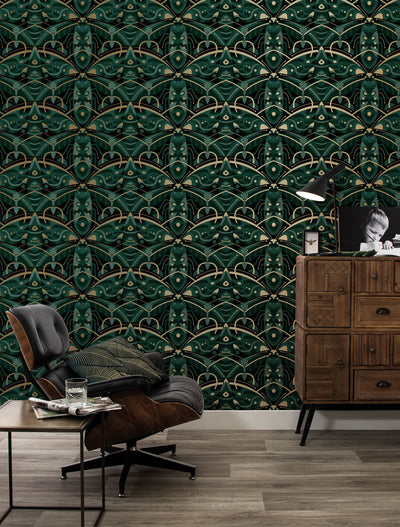 product image for Gold Metallic Wallpaper Art Deco Animaux in Beetle Green by Kek Amsterdam 39