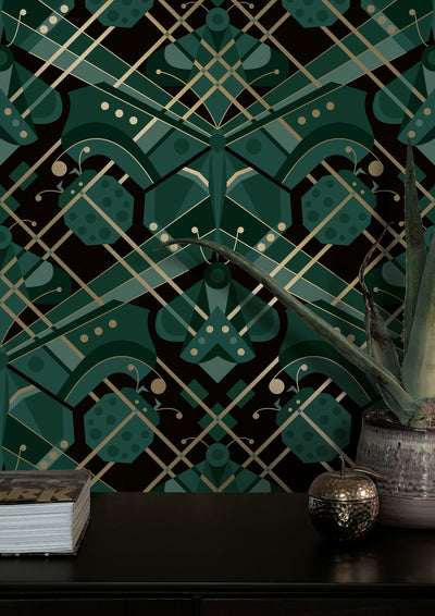 product image for Gold Metallic Wallpaper Art Deco Animaux in Butterfly Green by Kek Amsterdam 87