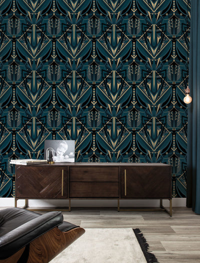 product image for Gold Metallic Wallpaper Art Deco Animaux in Grasshopper Blue by Kek Amsterdam 91