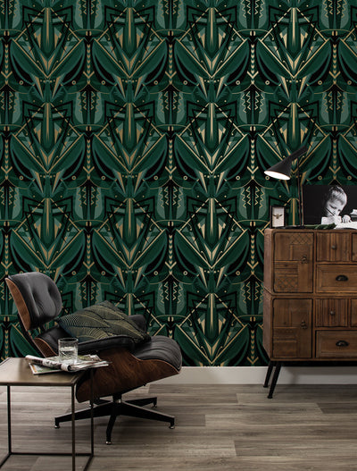 product image for Gold Metallic Wallpaper Art Deco Animaux in Grasshopper Green by Kek Amsterdam 14