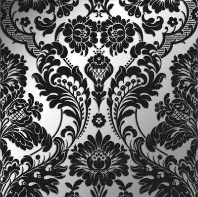 product image of Gothic Damask Flock Wallpaper in Black and Silver from the Exclusives Collection by Graham & Brown 514