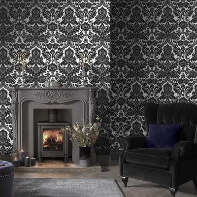 product image for Gothic Damask Flock Wallpaper in Black and Silver from the Exclusives Collection by Graham & Brown 9