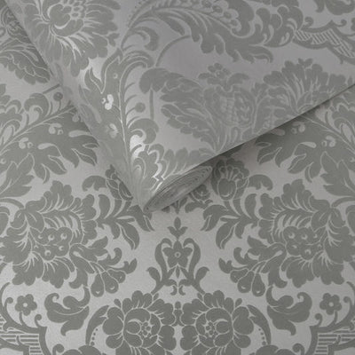 product image of sample gothic damask flock wallpaper in grey and silver from the exclusives collection by graham brown 1 528