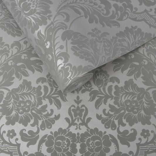 media image for sample gothic damask flock wallpaper in grey and silver from the exclusives collection by graham brown 1 250