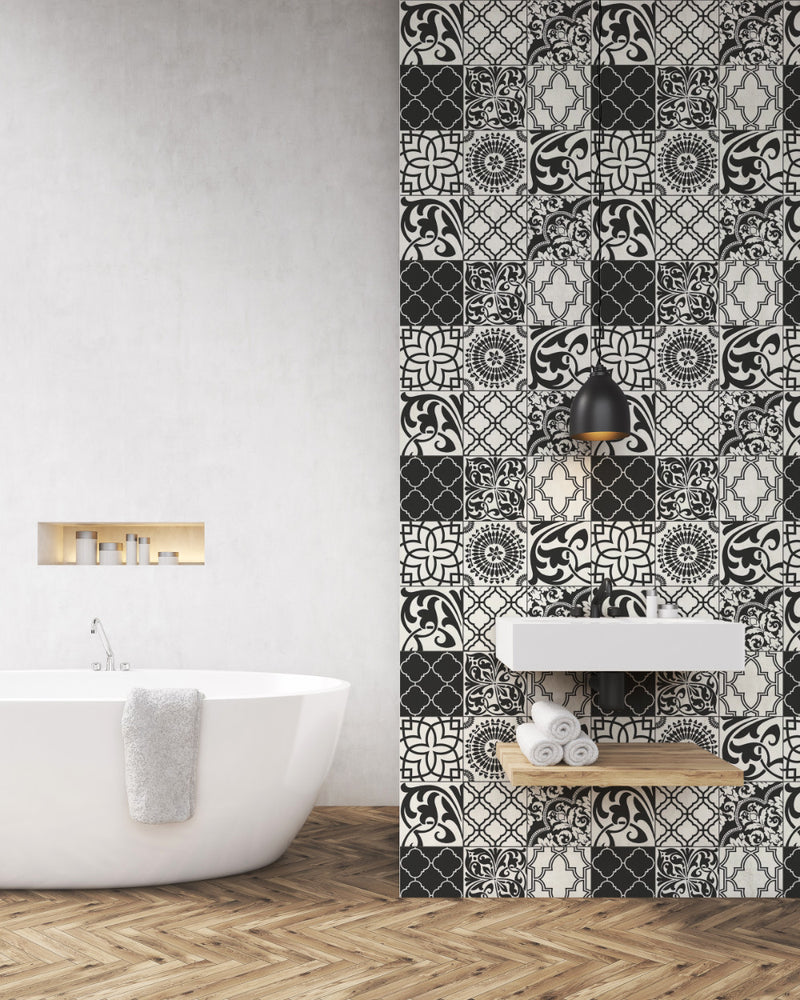 media image for Graphic Tile Peel-and-Stick Wallpaper in Black and White by NextWall 219