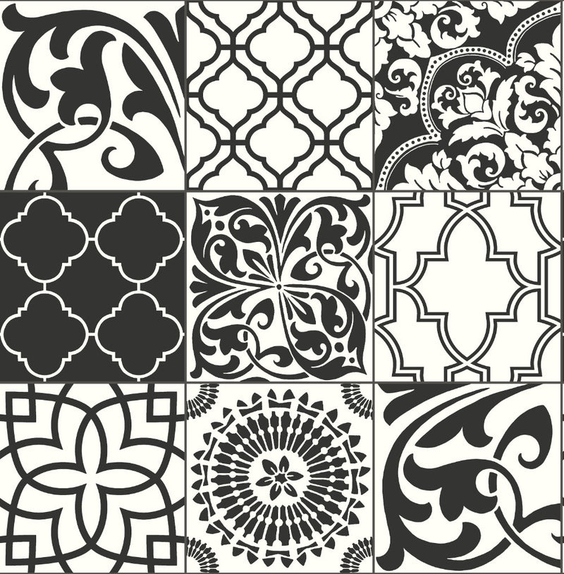 media image for Graphic Tile Peel-and-Stick Wallpaper in Black and White by NextWall 214