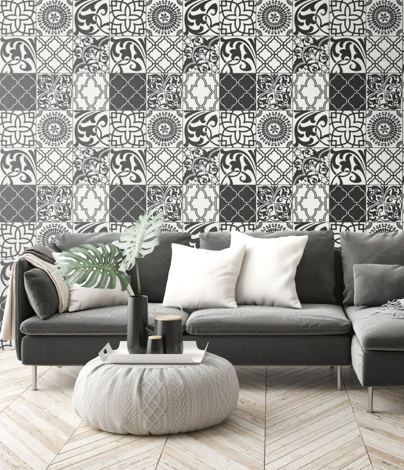 media image for Graphic Tile Peel-and-Stick Wallpaper in Black and White by NextWall 220