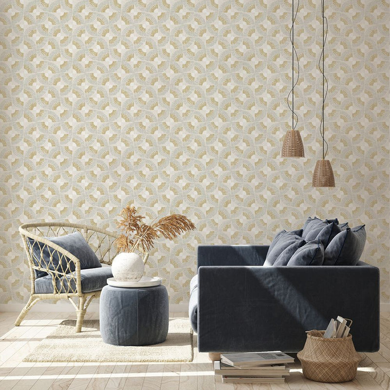 media image for Grasscloth Fans Self-Adhesive Wallpaper in Canary Gold by Tempaper 264