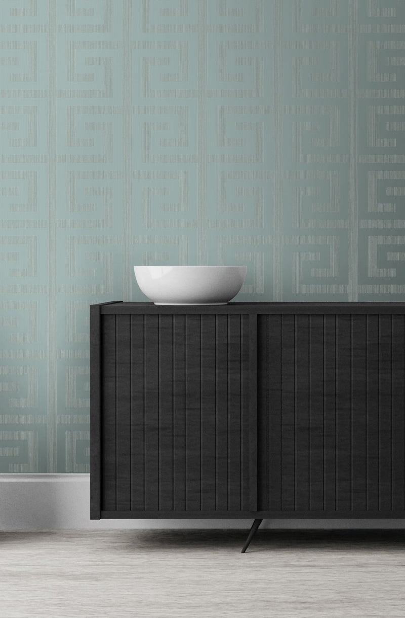 media image for Greek Key Wallpaper in Metallic Sea Green from the Essential Textures Collection by Seabrook Wallcoverings 250