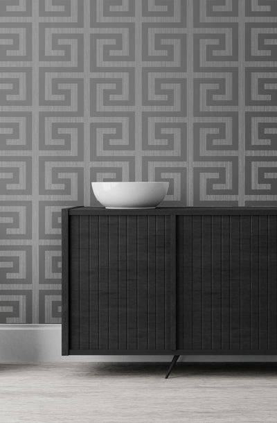 product image of Greek Key Wallpaper in Silver and Earl Grey from the Essential Textures Collection by Seabrook Wallcoverings 596