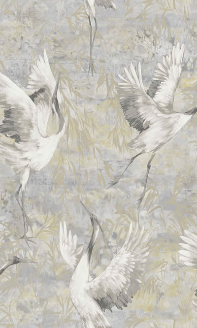 product image of sample grey sarus crane in the field metallic wallpaper by walls republic 1 583