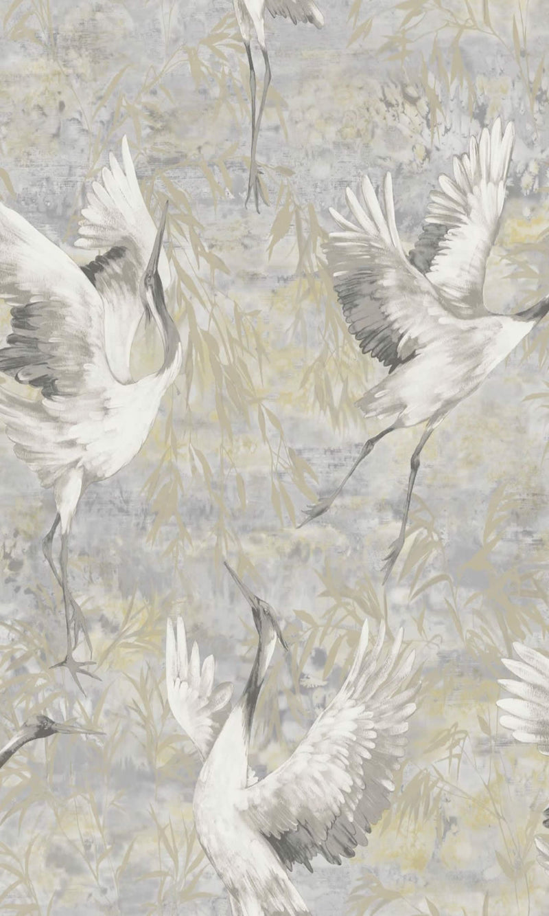 media image for sample grey sarus crane in the field metallic wallpaper by walls republic 1 238