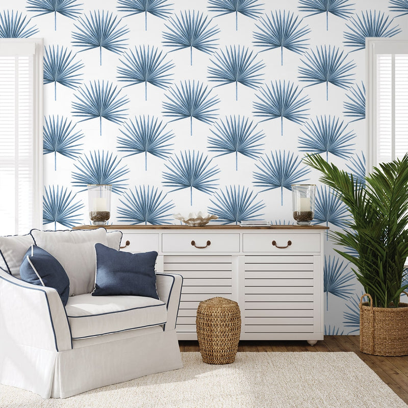 media image for Pacific Palm Peel & Stick Wallpaper in Coastal Blue 258