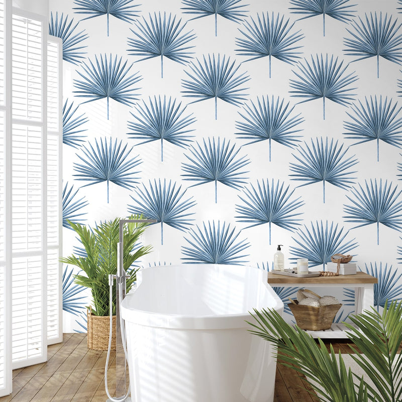 media image for Pacific Palm Peel & Stick Wallpaper in Coastal Blue 295
