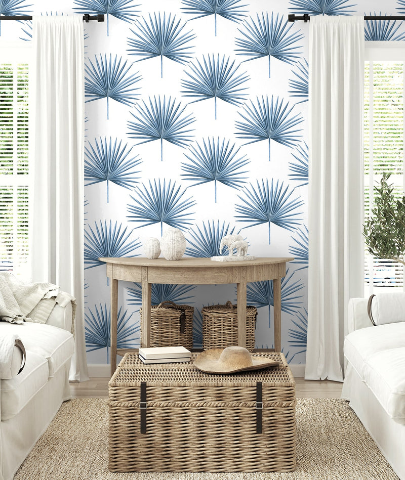 media image for Pacific Palm Peel & Stick Wallpaper in Coastal Blue 291