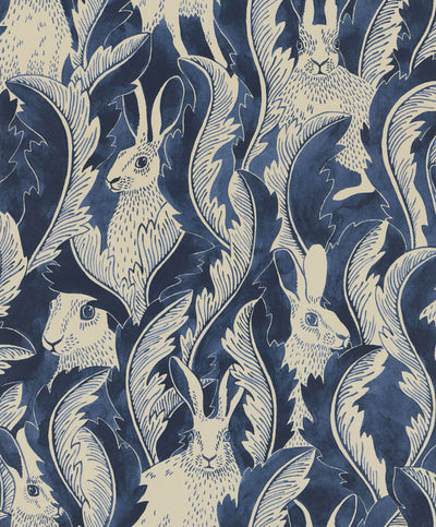product image of Hares in Hiding Wallpaper in Dark Denim 565