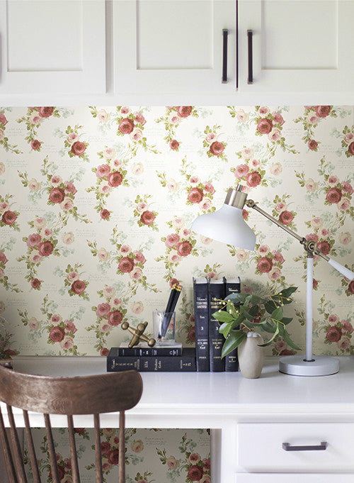 media image for Heirloom Rose Wallpaper in Red and White from the Magnolia Home Collection by Joanna Gaines 239