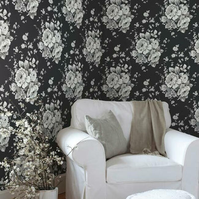 product image of Heritage Rose Wallpaper in Black and Grey from the Simply Farmhouse Collection by York Wallcoverings 591